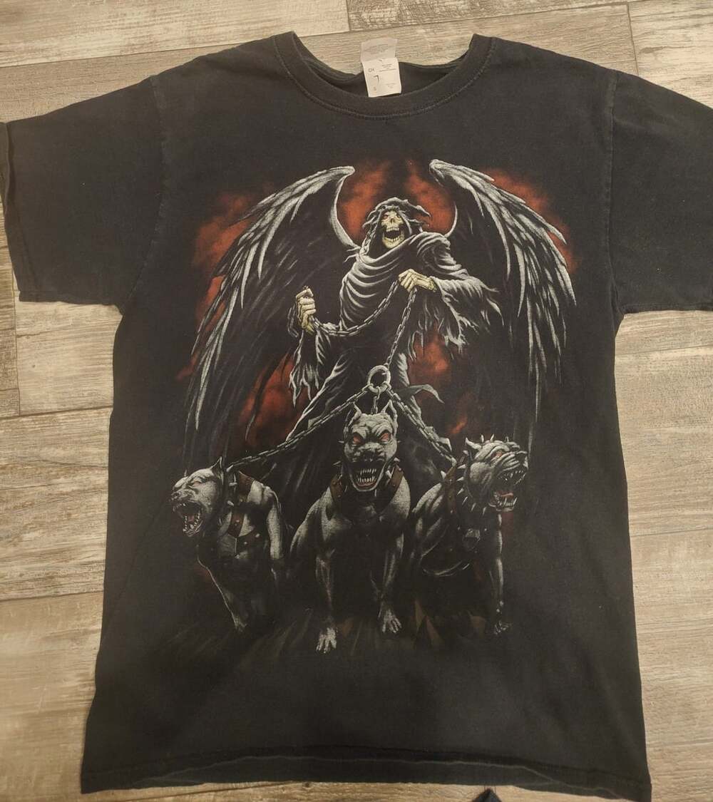 Vintage Y2k T Shirt Grim Reaper With Hell Hounds Size Small Pit To Pit 19in